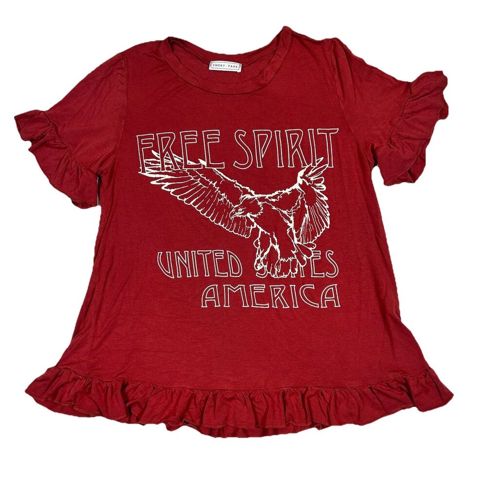 Emory Park Women’s Top Blouse Small Rust Red Short Sleeves USA Eagle Ruffle
